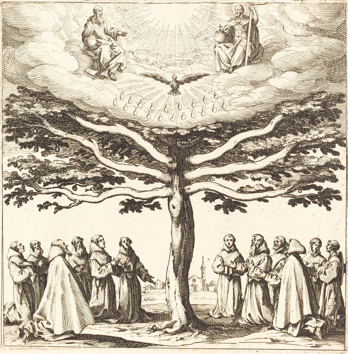 The Holy Trinity in the Tree of Life, Adored by Franciscans by Jacques Callot (French, 1592 - 1635), 16X12"(A3)Poster Print
