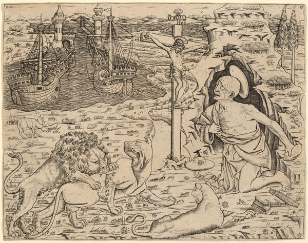 c. 1480/1500 by Italian 15th Century (Saint Jerome in Penitence, with Two Ships in a Harbor), 16X12"(A3)Poster Print
