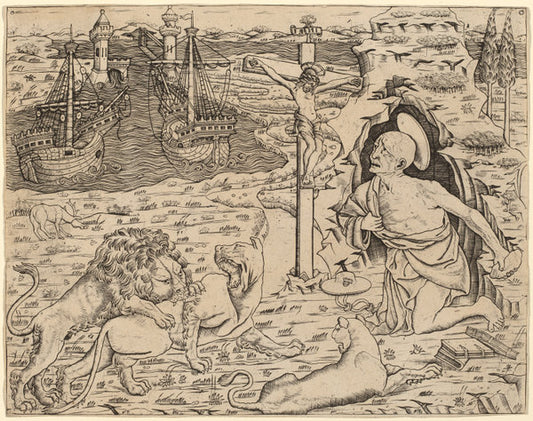 c. 1480/1500 by Italian 15th Century (Saint Jerome in Penitence, with Two Ships in a Harbor), 16X12"(A3)Poster Print