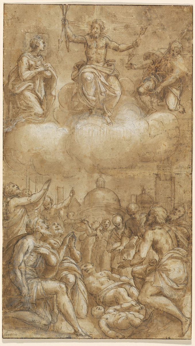 Plague Victims Pleading for Help from Christ, the Virgin, and Saint Roch by Lattanzio Gambara (Brescian, c. 1530 - 1574), 16X12"(A3)Poster Print