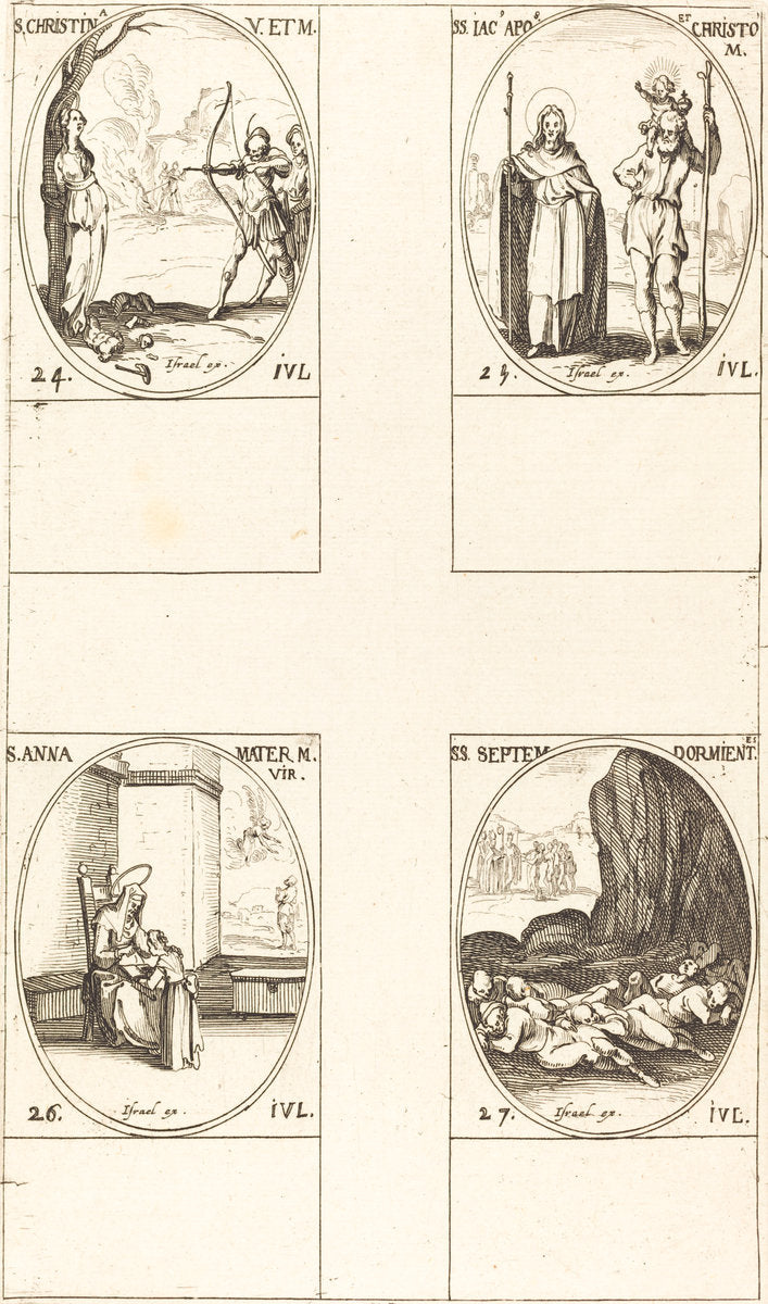 St. Christina; St. James, Apostle, and St. Christopher; St. Anne; Seven Sleepers of E by Jacques Callot (French, 1592 - 1635), 16X12"(A3)Poster Print