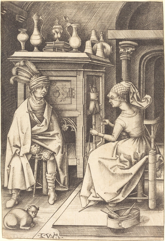 The Visit to the Spinner by Israhel van Meckenem (German, c. 1445 - 1503), 16X12"(A3)Poster Print