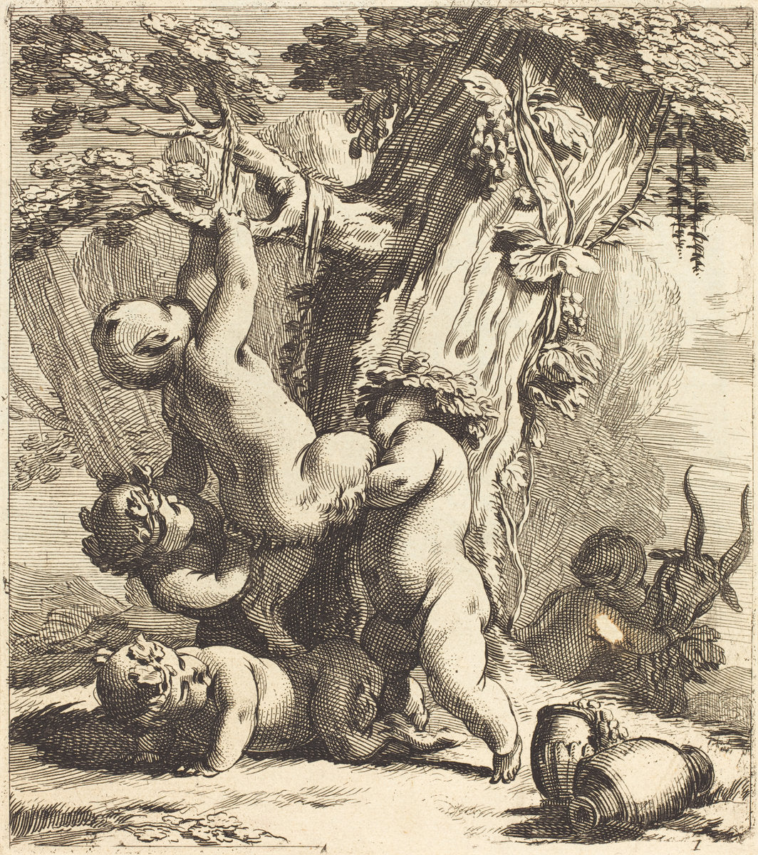Putti and Fauns Climbing a Grapevine by Michel Dorigny (French), 16X12"(A3)Poster Print