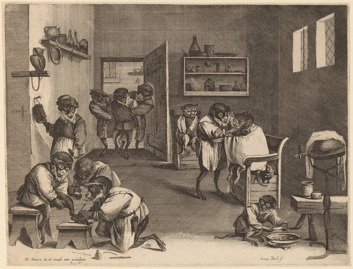 Monkey Business in Old Holland by Coryn Boel after David Teniers the Younger (Flemish, 1620 - 1688), 16X12"(A3)Poster Print