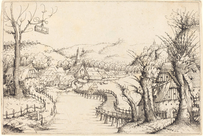 River Landscape with Wooden Bridge by Augustin Hirschvogel (German, 1503 - 1553), 16X12