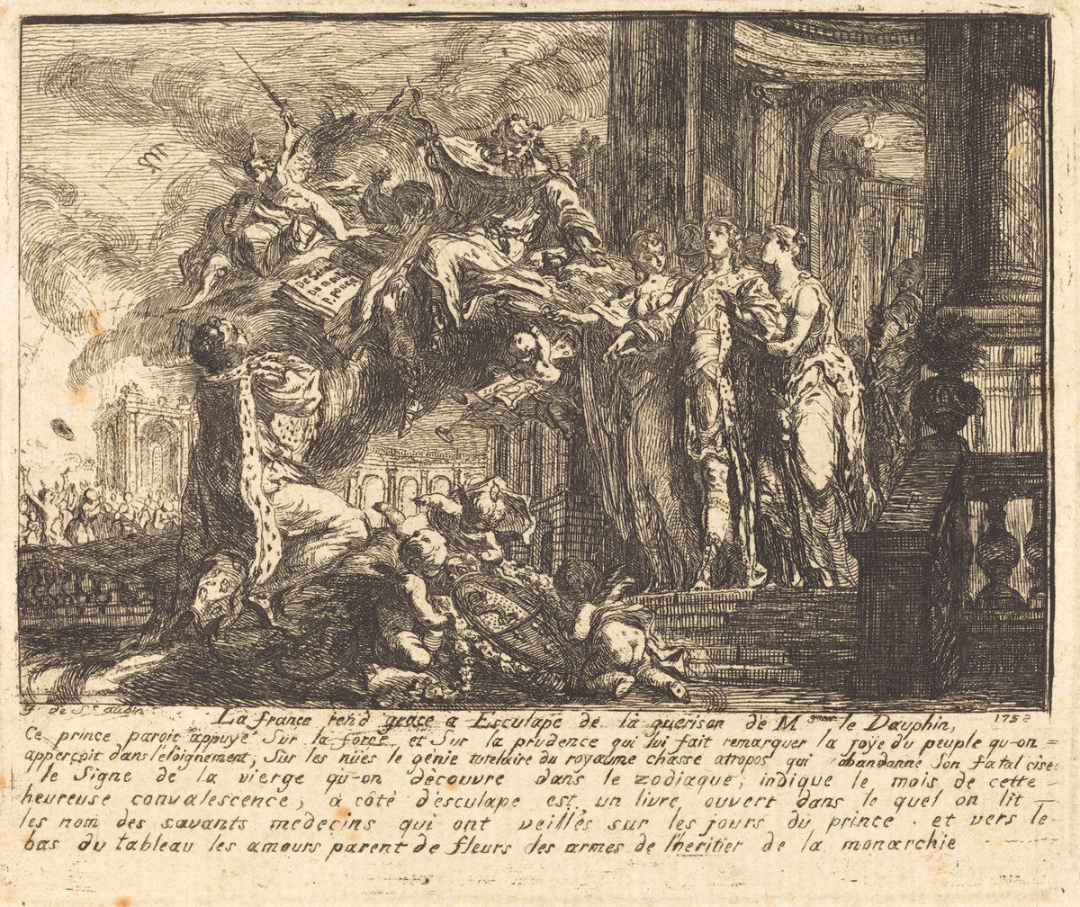 Allegory of the Dauphin's Convalescence (Allegorie sur la convalescence du Dauphin) by Gabriel Jacques de Saint-Aubin (French, 1724 - 1780), 16X12"(A3)Poster Print