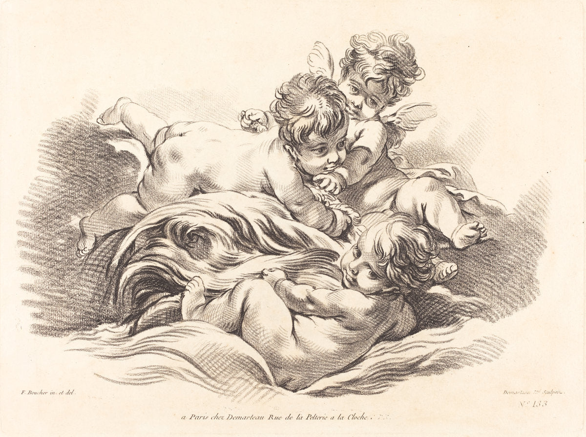 Three Cherubs Playing on Dolphin Like Wave by Gilles Demarteau, the Elder after François Boucher (French, 1722 - 1776), 16X12"(A3)Poster Print