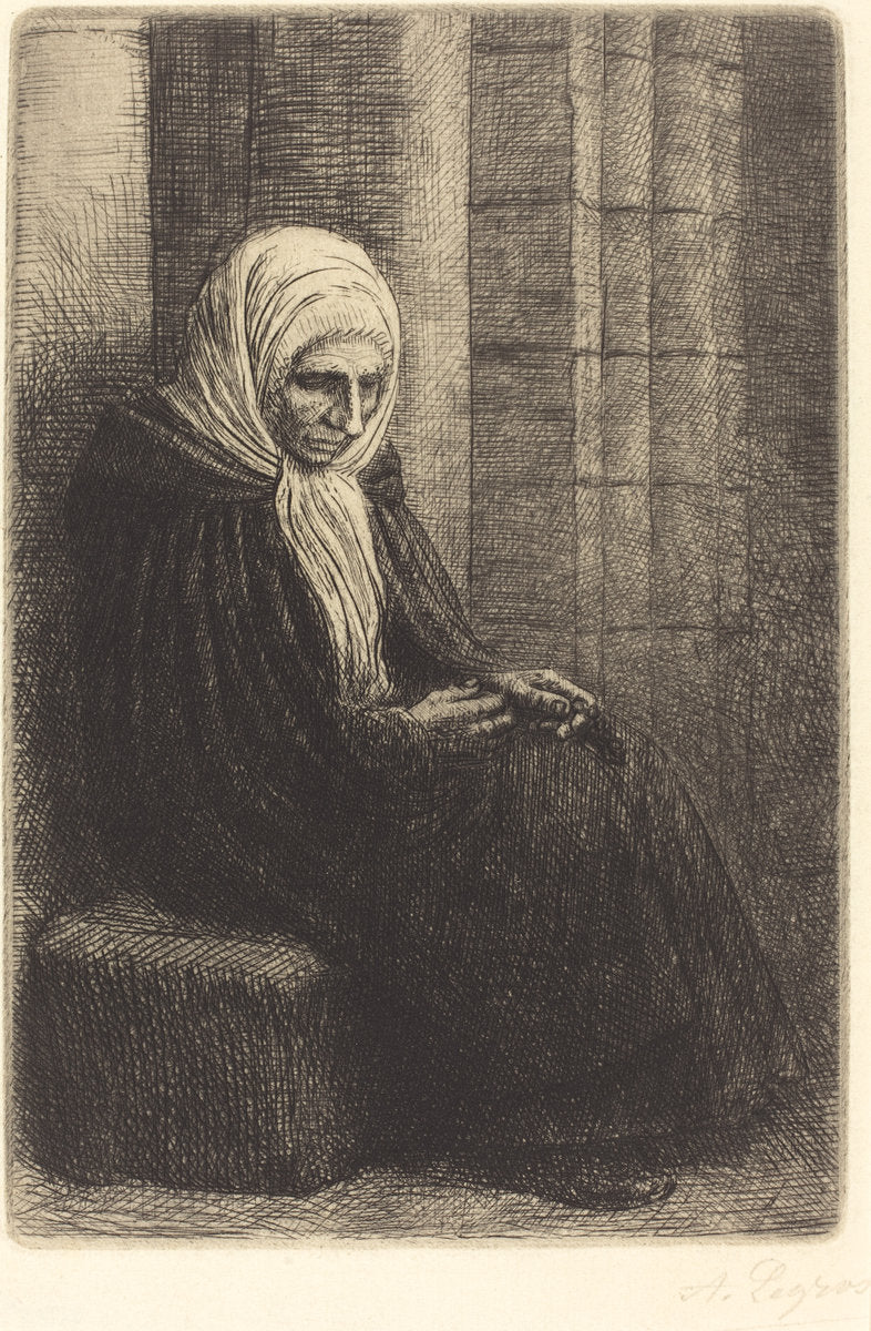 Woman Seated against a Wall, Child with His Head in Her Lap (Femme assis, muraille au fond, enfant la tete dans son giron) by Alphonse Legros (French, 1837 - 1911), 16X12"(A3)Poster Print