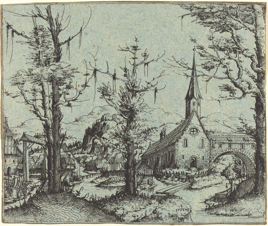 Landscape with a Village Church by Augustin Hirschvogel (German, 1503 - 1553), 16X12"(A3)Poster Print