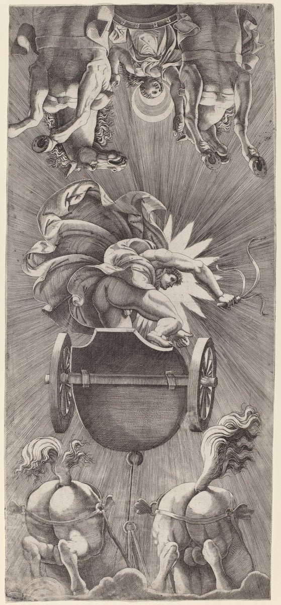 The Setting of the Sun with Chariots of Apollo and Diana by Adamo Scultori after Giulio Romano (Italian, c. 1530 - 1585), 16X12"(A3)Poster Print