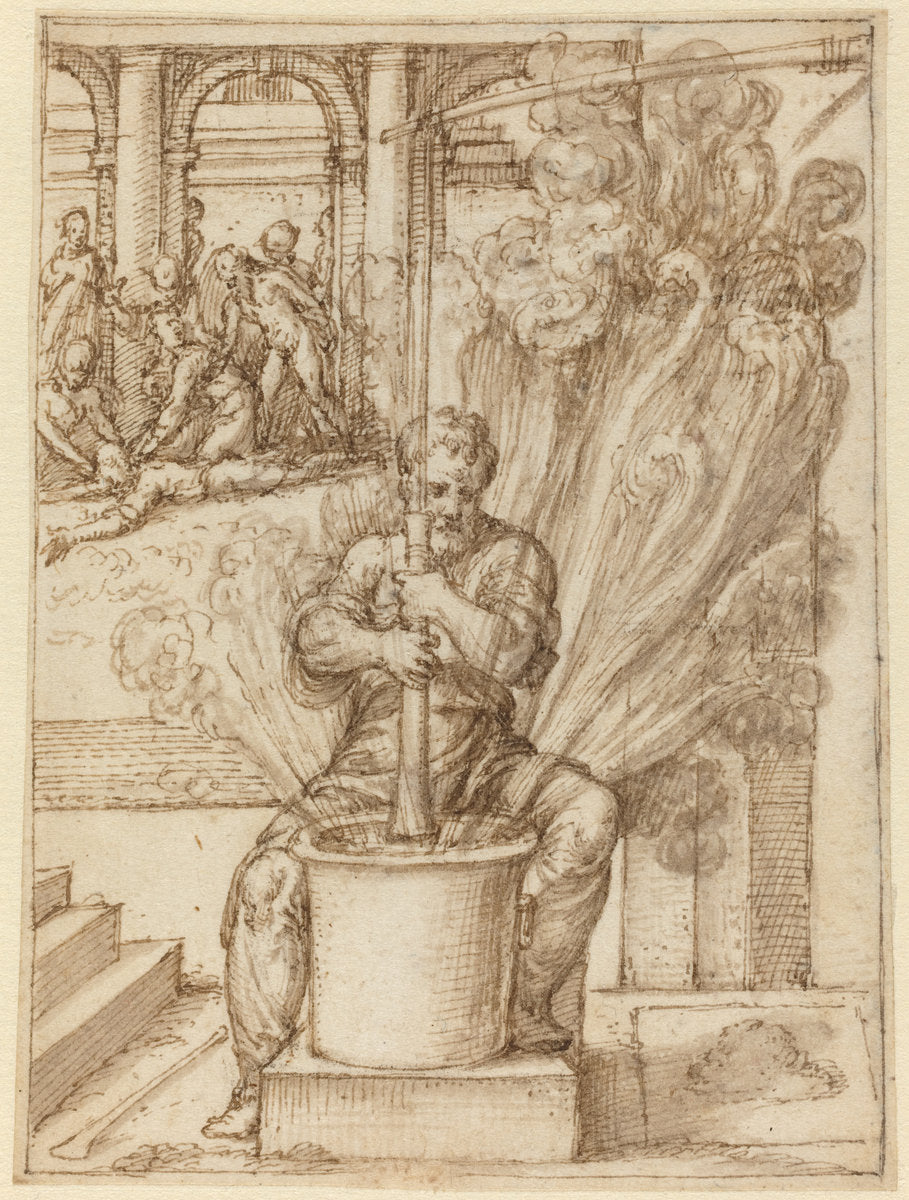 Study for Man Making an Explosion by Giulio Bonasone (Bolognese, c. 1498 - c. 1580), 16X12"(A3)Poster Print