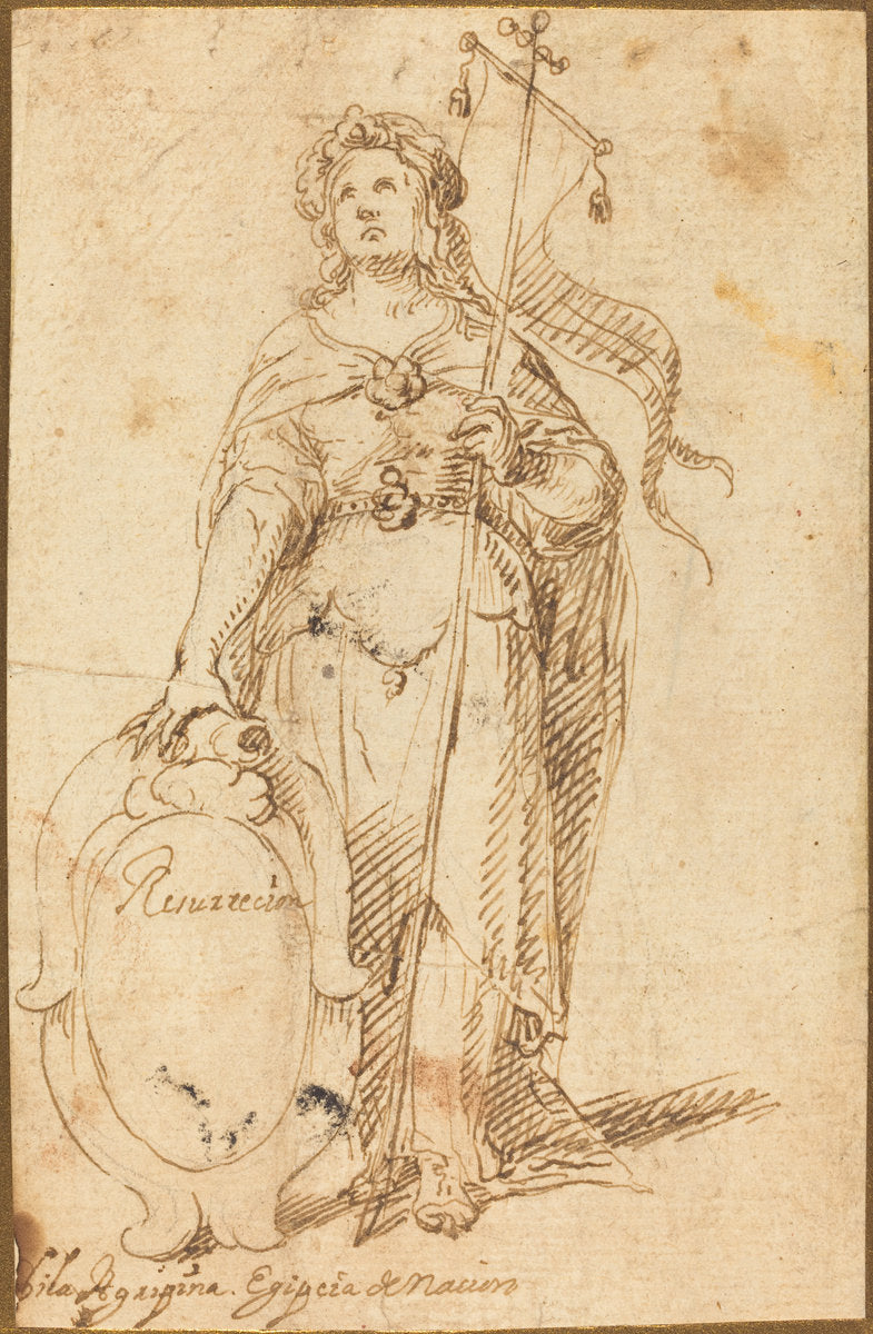 pen and brown ink over traces of black chalk on laid paper by Spanish 17th Century (Egyptian Sibyl), 16X12"(A3)Poster Print