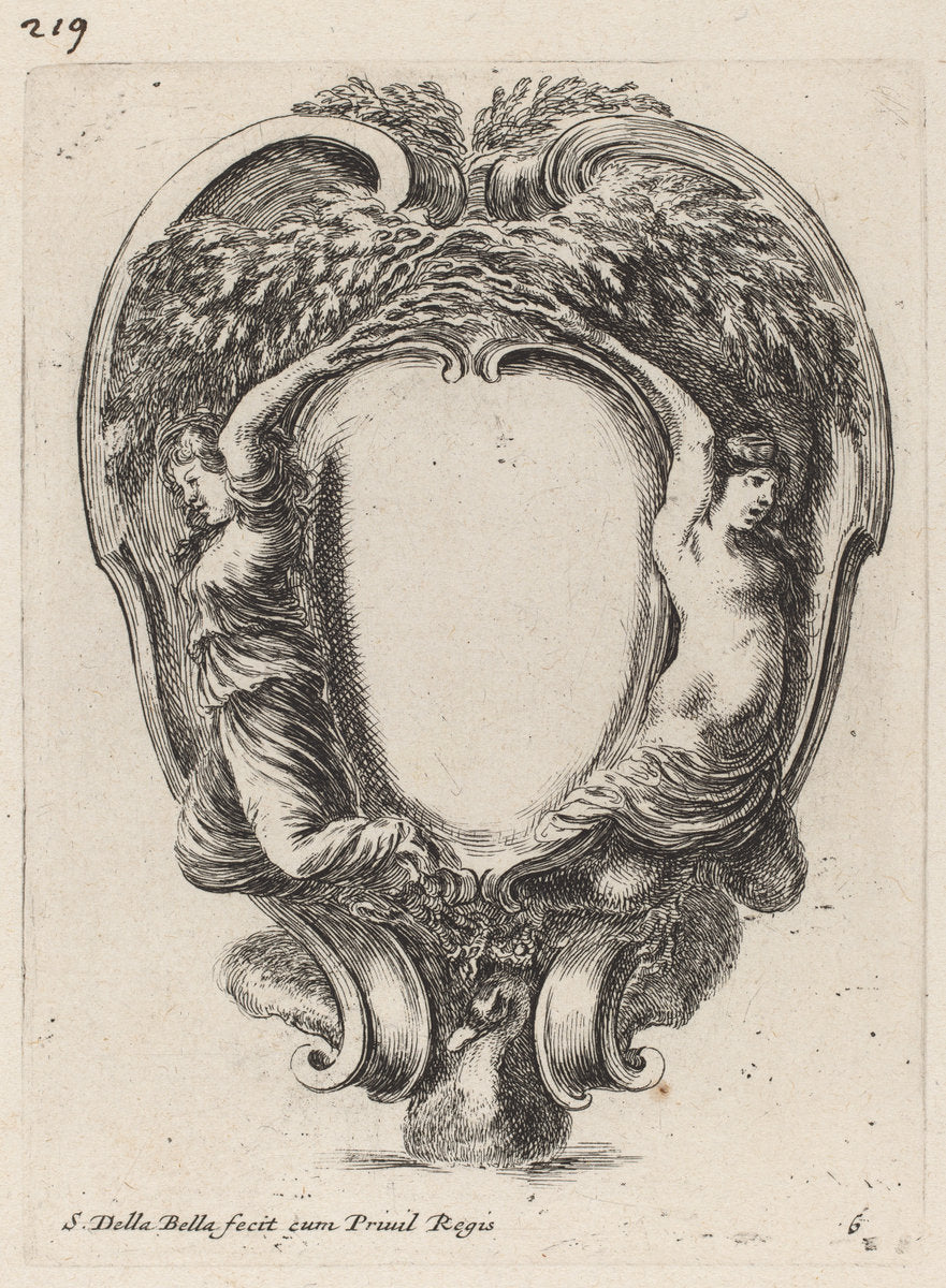 Cartouche with Two Nymphs Metamorphosed into Trees by Stefano Della Bella (Italian, 1610 - 1664), 16X12"(A3)Poster Print