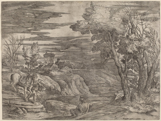 Landscape with a Man Leading a Horse by Battista Franco after Titian (Italian, probably 1498 - 1561), 16X12"(A3)Poster Print