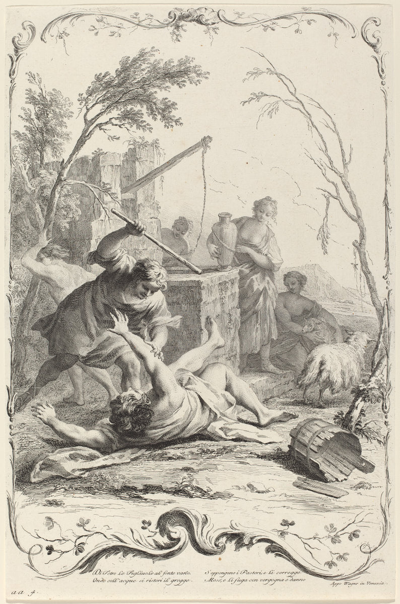 Moses Striking a Shepherd by Joseph Wagner (publisher) after Jacopo Amigoni (German, 1706 - 1780), 16X12"(A3)Poster Print