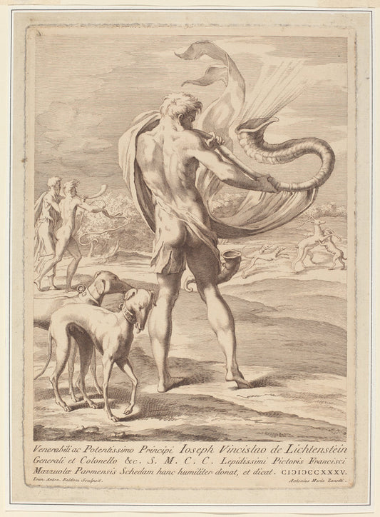 Nude Man Blowing a Conch by Giovanni Antonio Faldoni after Parmigianino (Italian, c. 1690 - c. 1770), 16X12"(A3)Poster Print