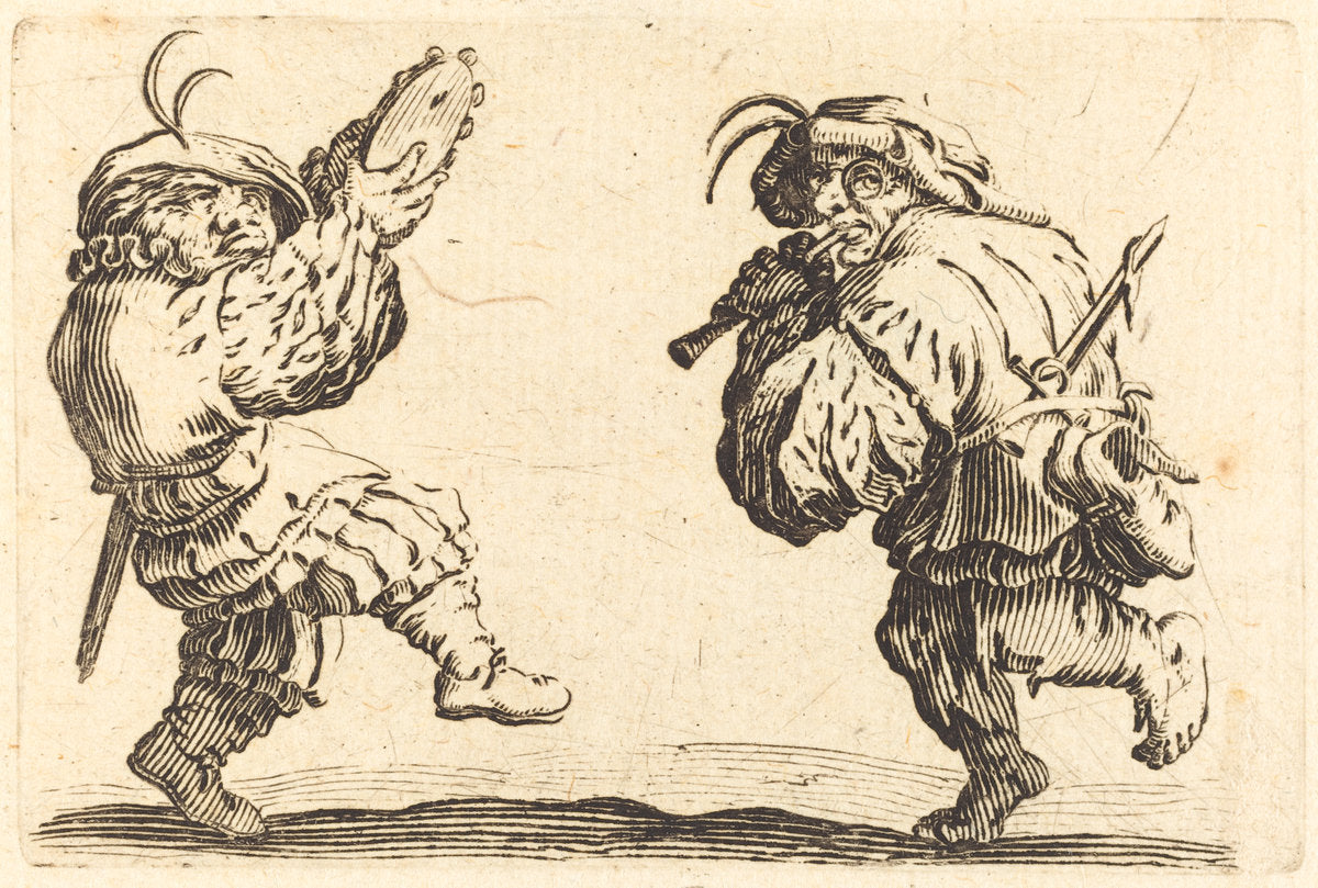 Dancers with Flute and Tambourine by Jacques Callot (French, 1592 - 1635), 16X12"(A3)Poster Print