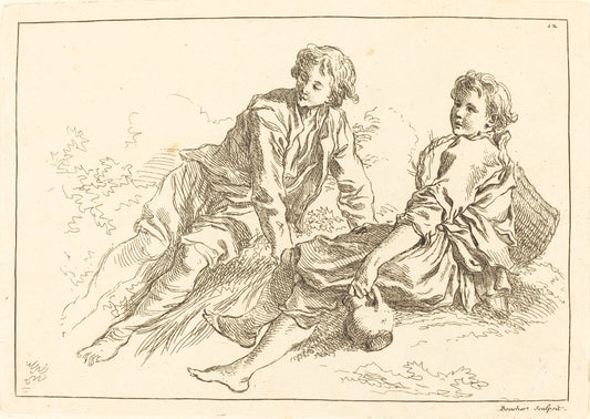 Reclining Shepherd Boys by François Boucher after Abraham Bloemaert (French, 1703 - 1770), 16X12"(A3)Poster Print