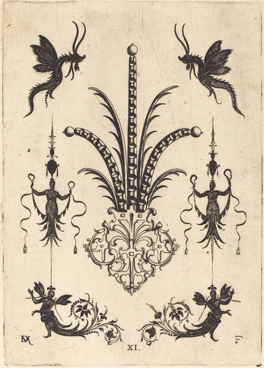 Brooch with Table-Stones, Winged Animals at Top, and Winged Human Beings at Bottom by Daniel Mignot (German, active 1593/1596), 16X12"(A3)Poster Print