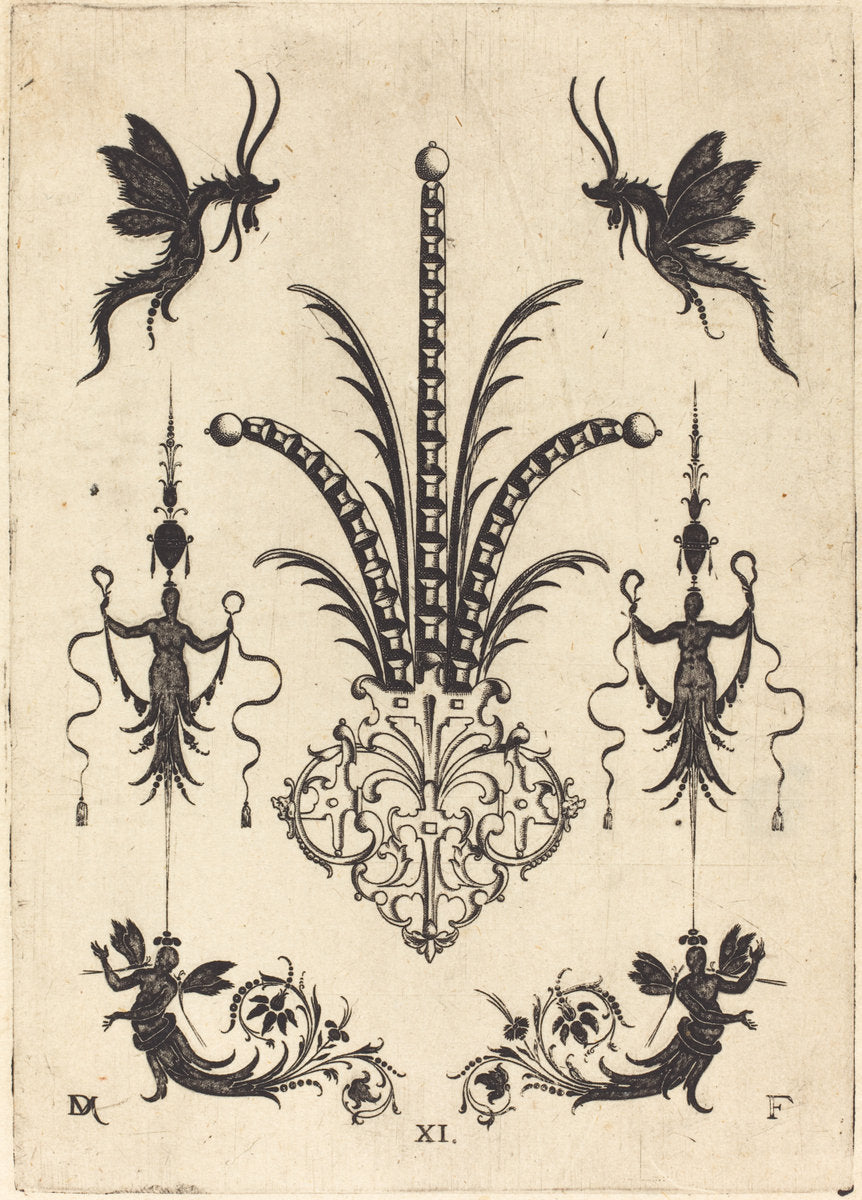 Brooch with Table-Stones, Winged Animals at Top, and Winged Human Beings at Bottom by Daniel Mignot (German, active 1593/1596), 16X12"(A3)Poster Print
