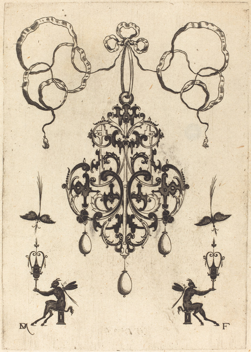 Large Pendant, Lower Left and Right Two Winged "Devils" Sitting on Pedestals by Daniel Mignot (German, active 1593/1596), 16X12"(A3)Poster Print