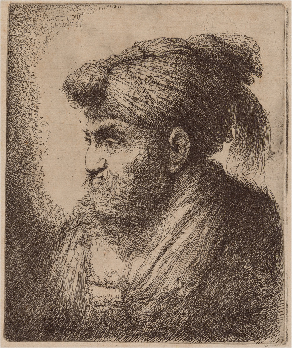 Man with a Beard and a Tassled Headdress, Facing Left by Giovanni Benedetto Castiglione (Italian, 1609  - 1664), 16X12"(A3)Poster Print