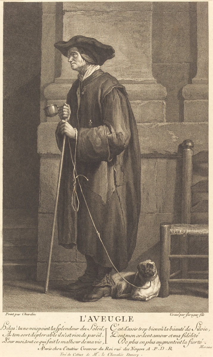 The Blind Beggar by Pierre Louis de Surugue after Jean Siméon Chardin (French, 1710 or 1716 - 1772), 16X12"(A3)Poster Print