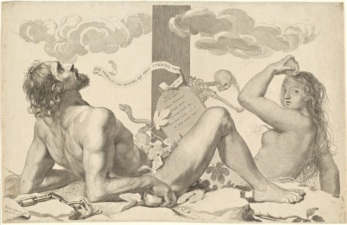 Adam and Eve at the Foot of the Cross by Claude Mellan (French, 1598 - 1688), 16X12"(A3)Poster Print