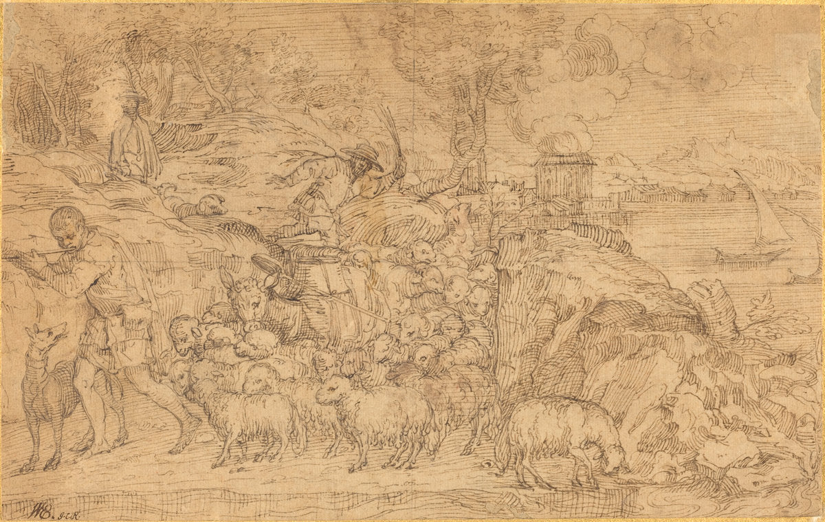 Shepherd Playing a Flute and Leading His Flock by Domenico Campagnola (Venetian, before 1500 - 1564), 16X12"(A3)Poster Print