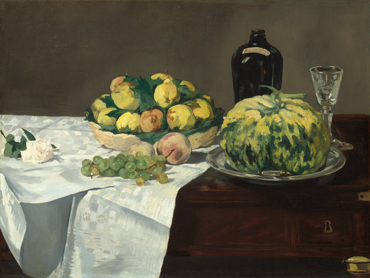 Still Life with Melon and Peaches by Edouard Manet (French, 1832 - 1883), 16X12"(A3)Poster Print