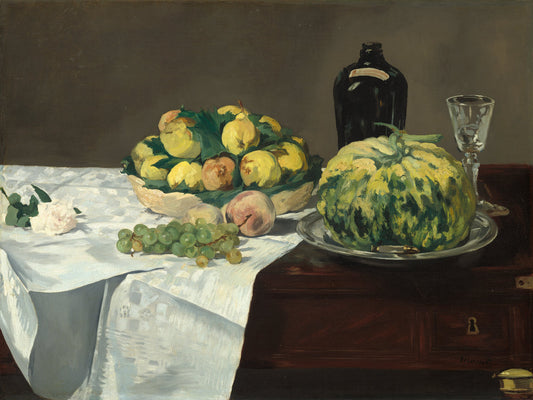 Still Life with Melon and Peaches by Edouard Manet (French, 1832 - 1883), 16X12"(A3)Poster Print