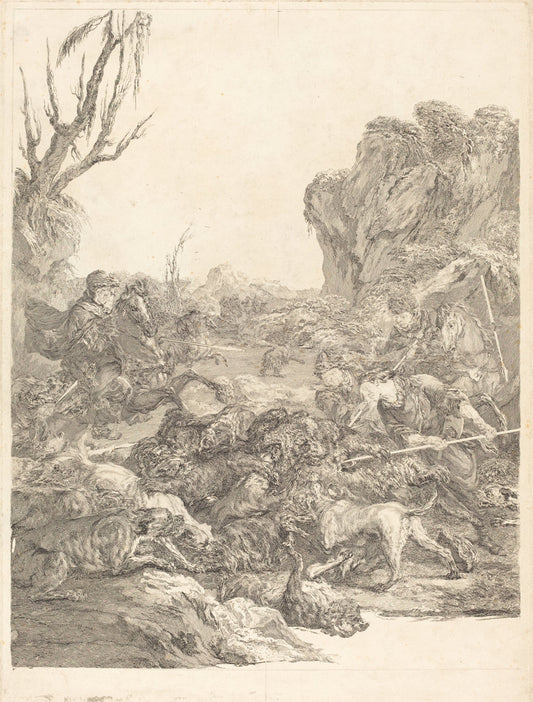 A Bear Hunt by Jean-Jacques Flipart after Carle Van Loo (French, 1719 - 1782), 16X12"(A3)Poster Print
