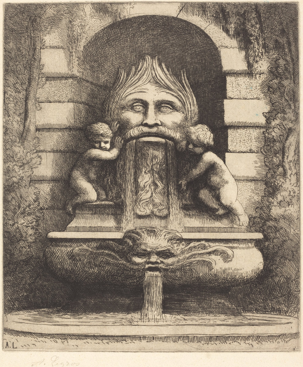 Fountain: Grotesque, Children and Basin (Une fountaine: Masque, enfants et bassin) by Alphonse Legros (French, 1837 - 1911), 16X12"(A3)Poster Print