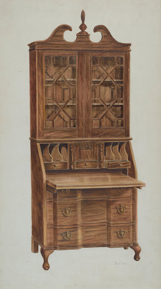Block-front Secretary (walnut) by John Hall (American, active c. 1935), 16X12"(A3)Poster Print