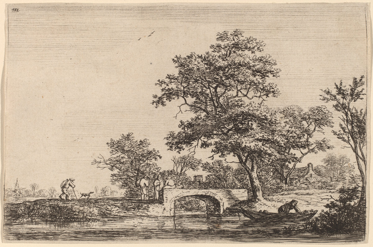 Four Men on a Stone Bridge by Anthonie Waterloo (Dutch, 1609/1610 - 1690), 16X12"(A3)Poster Print