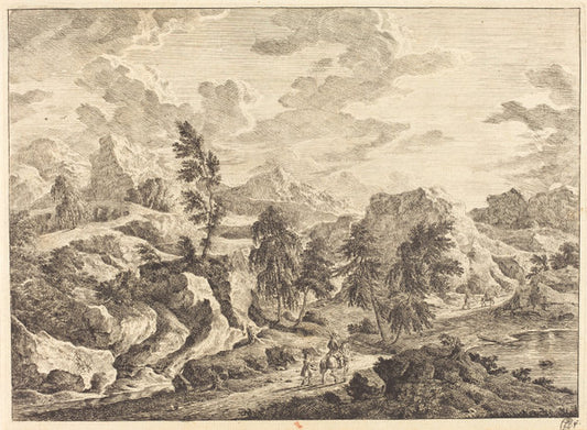 Landscape with the Rising Sun and a Rider with Attendant by Georg Eisenmann (German, active last third 18th century), 16X12"(A3)Poster Print