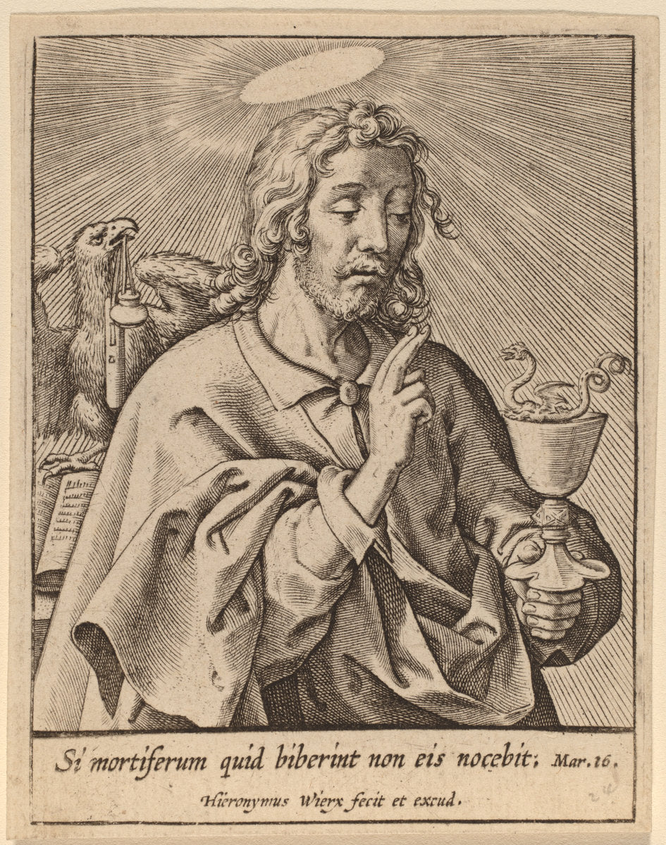 Si mortiferum quid biberint ... (Saint John the Evangelist) by Hieronymus Wierix (Flemish, c. 1553 - 1619), 16X12"(A3)Poster Print