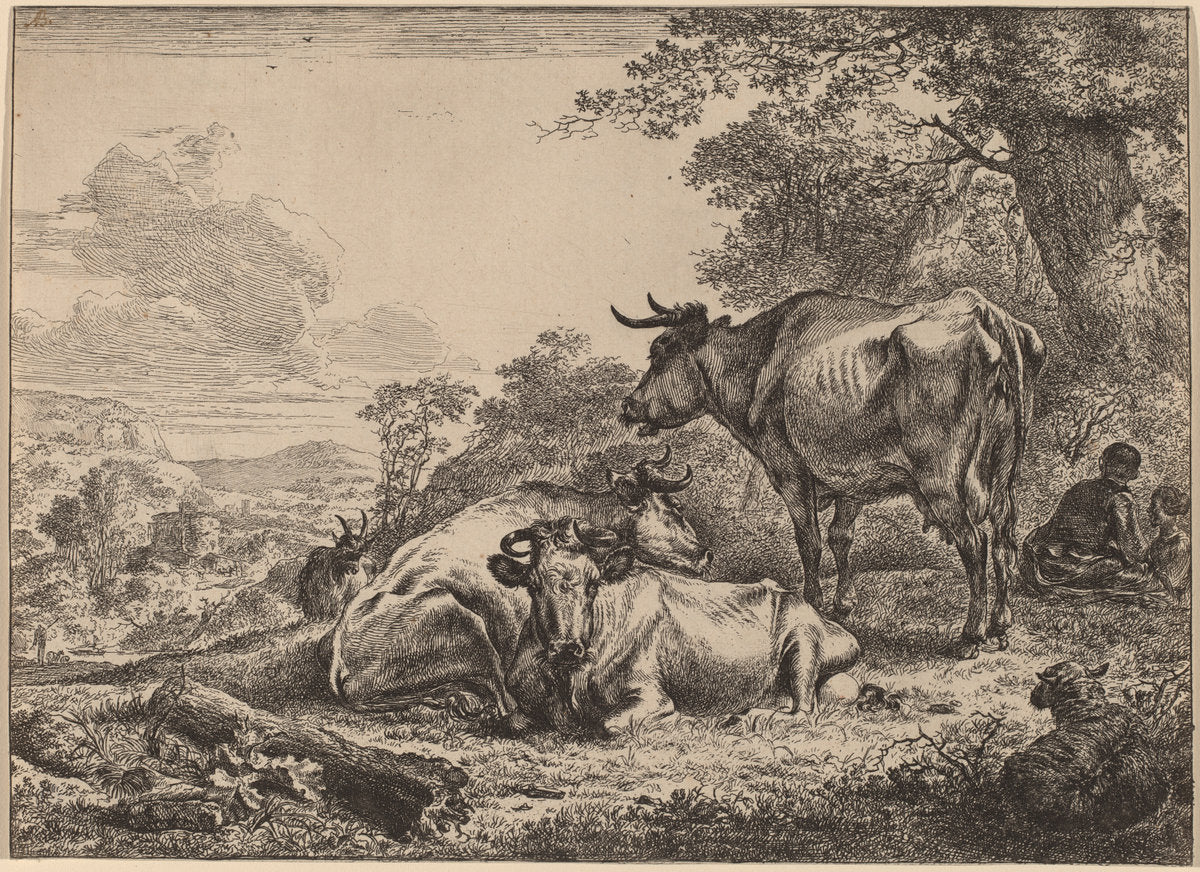 Resting Cows by Nicolaes Pietersz Berchem (Dutch, 1620 - 1683), 16X12"(A3)Poster Print
