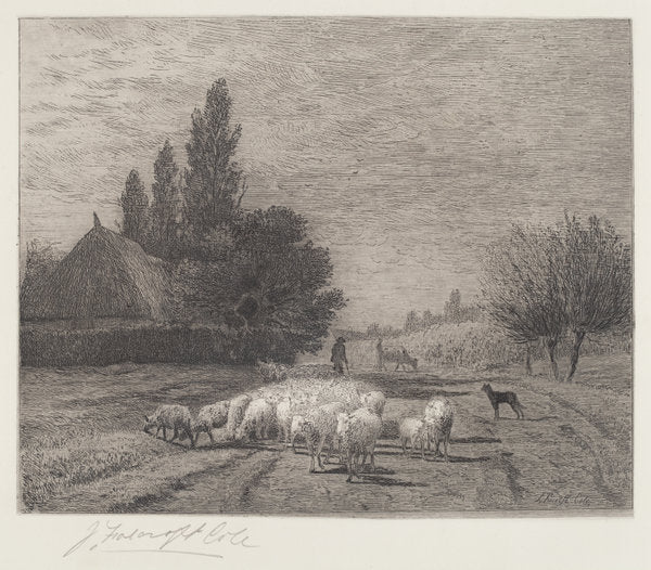 Village Street in France With a Flock of Sheep by Joseph Foxcroft Cole (American, 1837 - 1892), 16X12"(A3)Poster Print