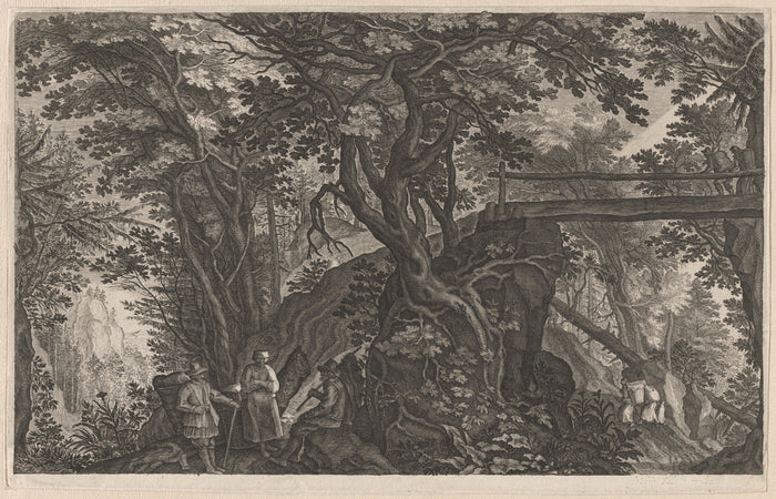 Travelers Resting in a Mountain Forest by a Log Bridge by Aegidius Sadeler II after Pieter Stevens (Flemish, c. 1570 - 1629), 16X12