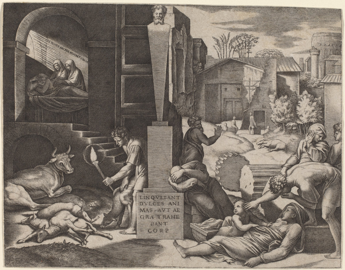 Il Morbetto (The Plague) by Marcantonio Raimondi after Raphael (Roman, c. 1480 - c. 1534), 16X12"(A3)Poster Print