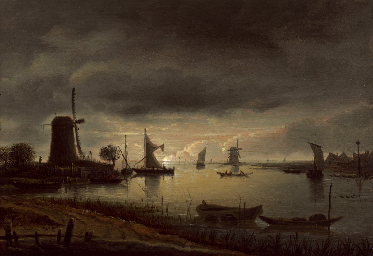 River Scene with Windmill and Boats, Evening by Anthonie van Borssom (Dutch, 1629/1630 - 1677), 16X12"(A3)Poster Print