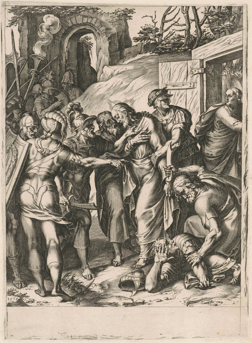 The Betrayal of Christ by Cornelis Cort, after Girolamo Muziano (Netherlandish, 1533 - 1578), 16X12"(A3)Poster Print