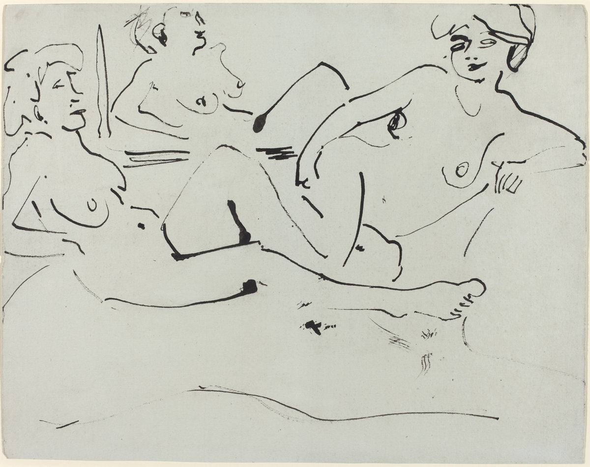 Dodo and an Older Woman Reclining before a Mirror by Ernst Ludwig Kirchner (German, 1880 - 1938), 16X12"(A3)Poster Print