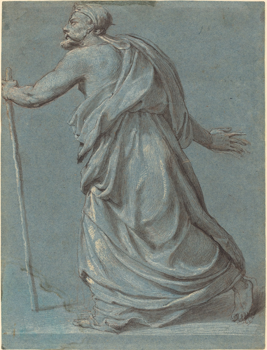 Study of a Man Walking towards the Left Holding a Staff by Girolamo Siciolante (Italian, 1521 - c. 1580), 16X12"(A3)Poster Print