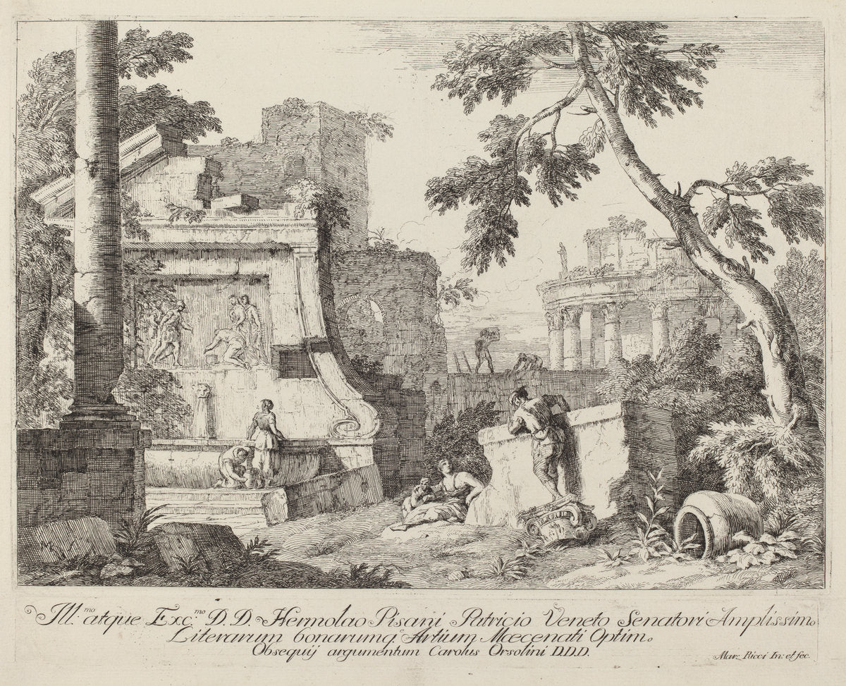 Landscape with Ruins by Marco Ricci (Italian, 1676 - 1729), 16X12"(A3)Poster Print
