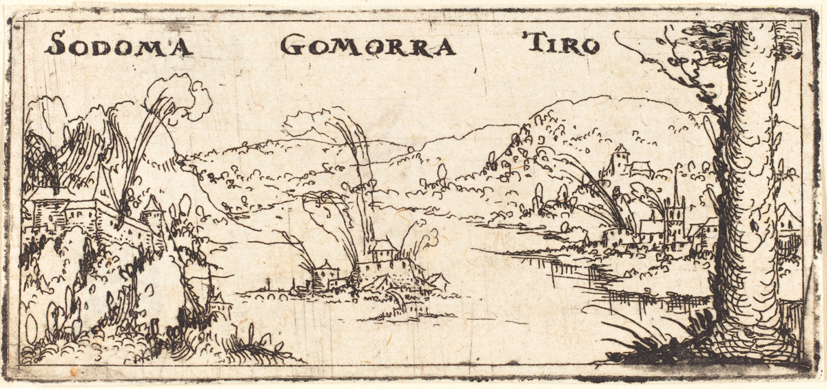 Landscape with Three Burning Cities: Sodom, Gomorrah and Tyrus by Augustin Hirschvogel (German, 1503 - 1553), 16X12"(A3)Poster Print