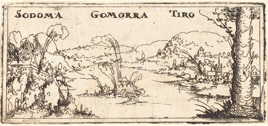 Landscape with Three Burning Cities: Sodom, Gomorrah and Tyrus by Augustin Hirschvogel (German, 1503 - 1553), 16X12"(A3)Poster Print