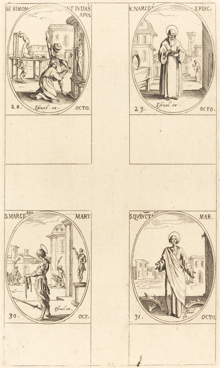 Sts. Simon and Jude, Apostles;  St. Narcissus; St. Marcellus; St. Quintin by Jacques Callot (French, 1592 - 1635), 16X12"(A3)Poster Print