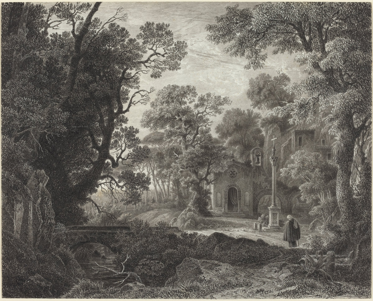 A Woodland Chapel at Evening by Julius Albert Elsasser (German, 1814 - 1859), 16X12"(A3)Poster Print